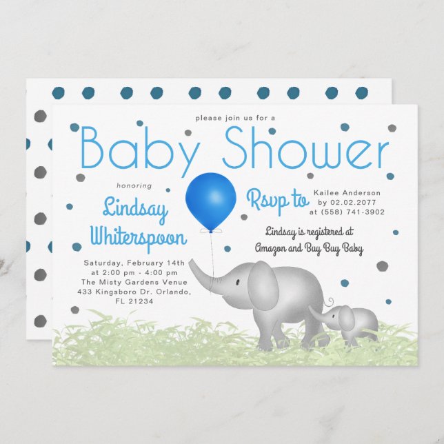 Adorable Watercolor Elephants Boy Baby Shower  Invitation (Front/Back)