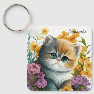 Adorable Watercolor Exotic Shorthair Kitten Key Ring