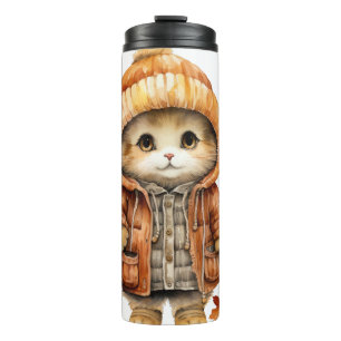 ADORABLE WATERCOLOR FALL KITTY CAT THERMAL TUMBLER