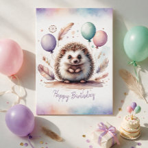 Adorable Watercolor Hedgehog Happy Birthday Card