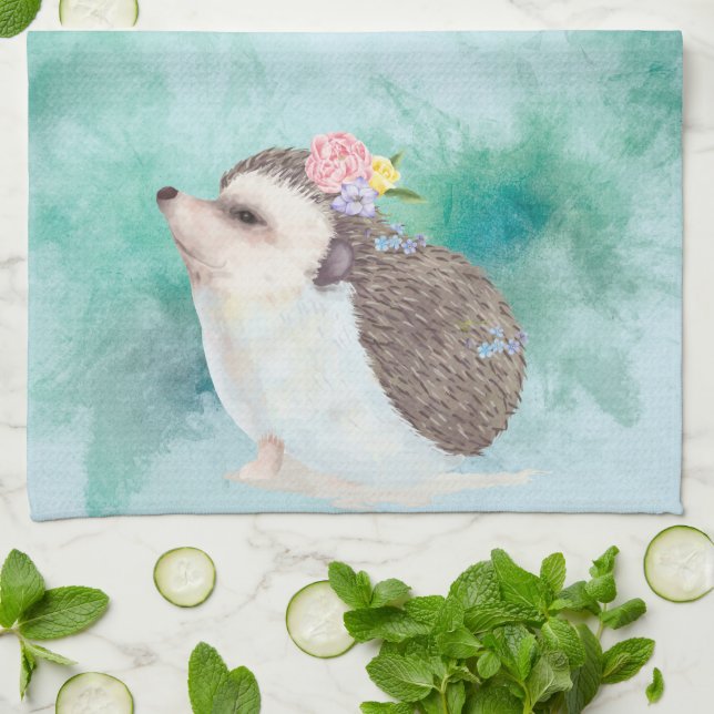 Adorable Watercolor Hedgehog Tea Towel (Folded)
