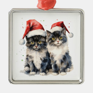 ADORABLE WATERCOLOR HOLIDAY GRAY TABBY KITTENS METAL ORNAMENT