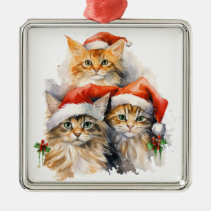 ADORABLE WATERCOLOR HOLIDAY TABBY KITTENS METAL ORNAMENT