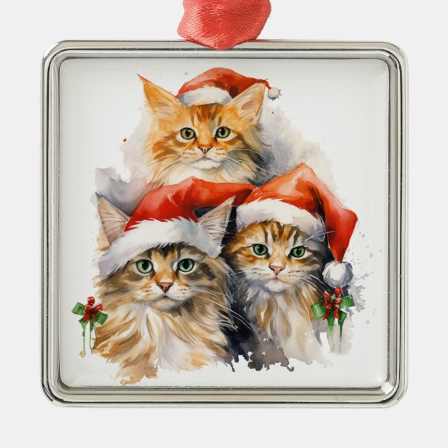 ADORABLE WATERCOLOR HOLIDAY TABBY KITTENS METAL ORNAMENT (Front)