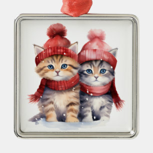 ADORABLE WATERCOLOR HOLIDAY TABBY KITTENS METAL ORNAMENT