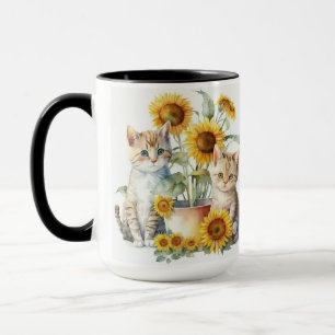 ADORABLE WATERCOLOR KITTENS WITH SUNFLOWERS MUG