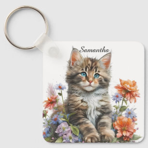 Adorable Watercolor Maine Coon Kitten Key Ring
