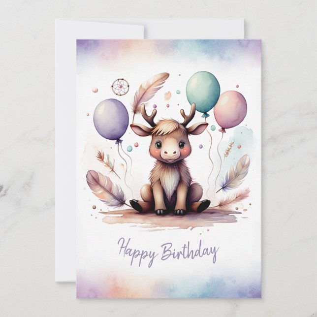 Adorable Watercolor Moose Happy Birthday Holiday Card (Front)