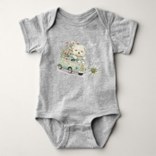 Adorable Watercolor Naive Art Dog Car Flowers Baby Bodysuit
