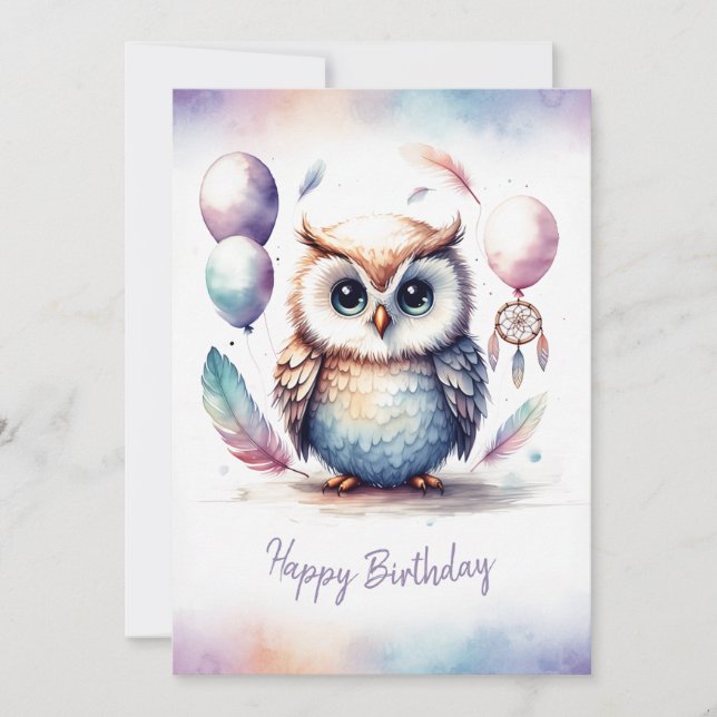 Adorable Watercolor Owl Happy Birthday Holiday Card (Front)