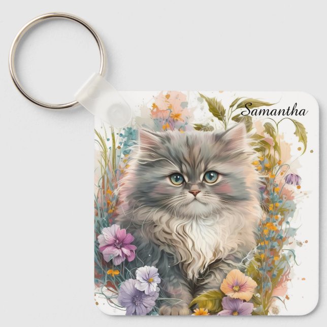 Adorable Watercolor Persian Kitten Key Ring (Front)