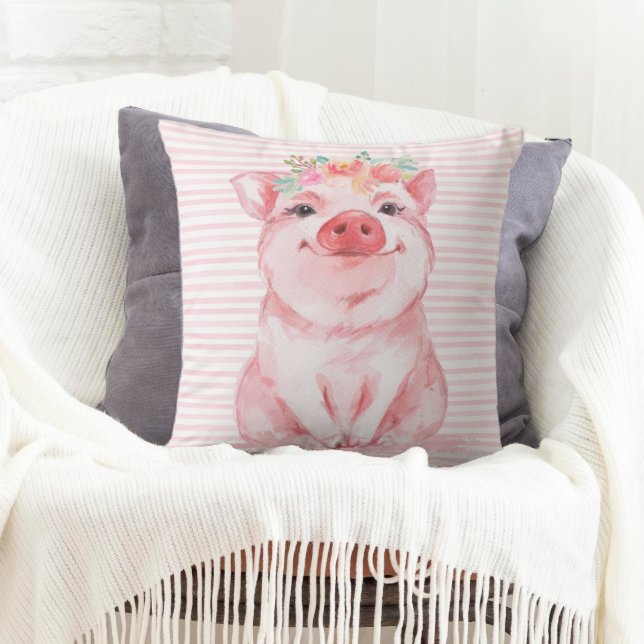 Adorable Watercolor Pig Cushion (A throw pillow decorated with an adorable watercolor pig.)