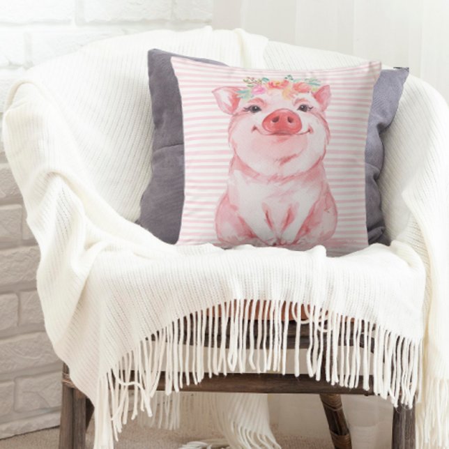 Adorable Watercolor Pig Cushion (A throw pillow decorated with an adorable watercolor pig.)