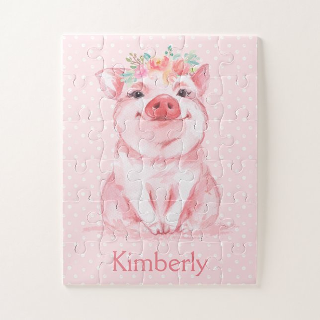 Adorable Watercolor Pink Pig with Name Jigsaw Puzzle (Vertical)