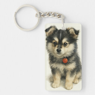 Adorable Watercolor Pomchi Puppy Portrait Key Ring