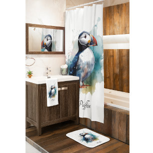 Adorable Watercolor Puffin, custom Bath Mat