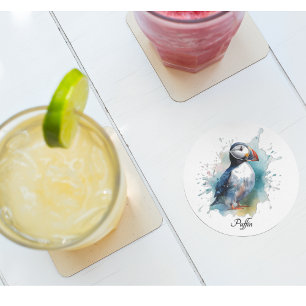 Adorable Watercolor Puffin, custom Glass Coaster