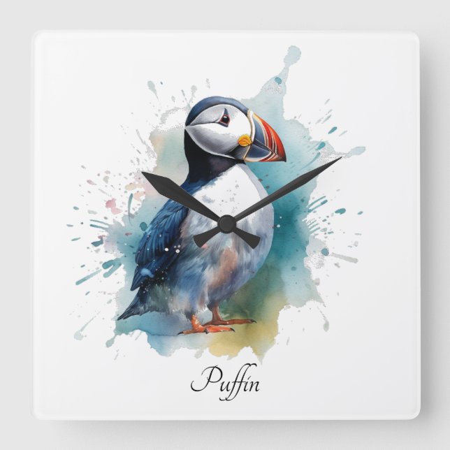 Adorable Watercolor Puffin, custom Square Wall Clock (Front)