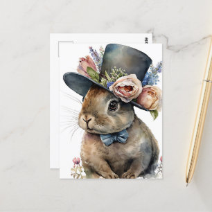 Adorable Watercolor Rabbit Wearing a Hat Postcard