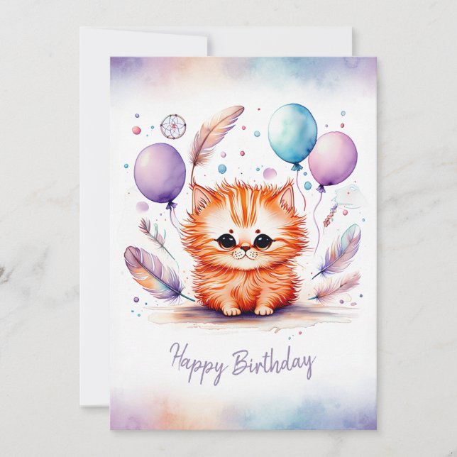 Adorable Watercolor Red Kitten Happy Birthday Holiday Card (Front)