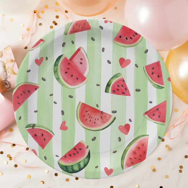 Adorable watercolor red watermelon, summer girl  paper plate (Summer Birthday Red Watercolor Watermelon, Girl Party Paper Plates.)