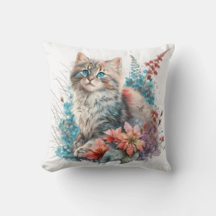 Adorable Watercolor Siberian Kittens Print Cushion
