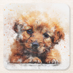 Adorable Watercolor Sketch of a Puppy Dog Square Paper Coaster