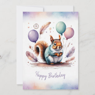 Adorable Watercolor Squirrel Happy Birthday Holiday Card