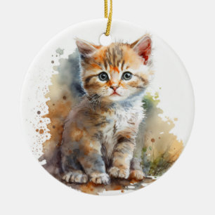 ADORABLE WATERCOLOR TABBY KITTEN CERAMIC ORNAMENT