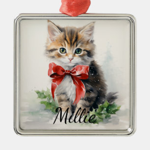 ADORABLE WATERCOLOR TABBY KITTEN WITH RED BOW METAL ORNAMENT