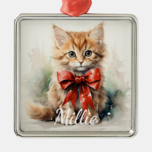 ADORABLE WATERCOLOR TABBY KITTEN WITH RED BOW METAL ORNAMENT