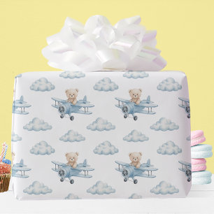 Adorable Watercolor Teddy Bear Aeroplane Wrapping Paper
