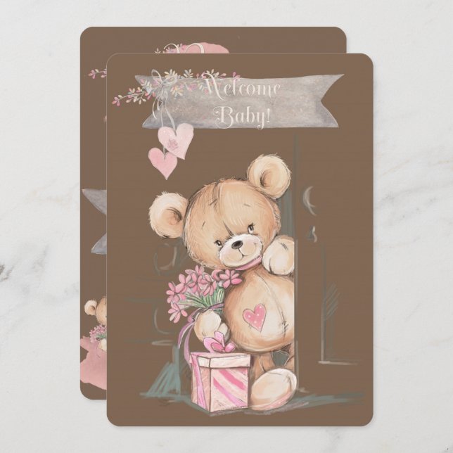 Adorable Watercolor Teddy Bear Baby Shower Invitation (Front/Back)