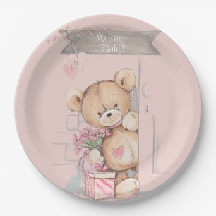 Adorable Watercolor Teddy Bear Baby Shower Paper Plate