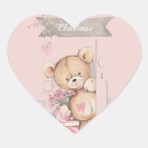 Adorable Watercolor Teddy Bear Baby Shower Square  Heart Sticker