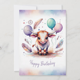 Adorable Watercolor Texas Longhorn Happy Birthday Holiday Card