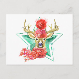 Adorable Watercolor Winter Deer Green Star Postcard