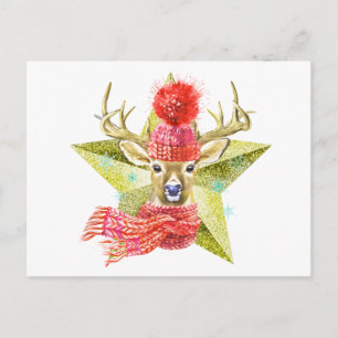 Adorable Watercolor Winter Deer Star Postcard