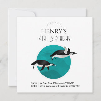 Adorable Watercolour Penguin Arctic Birthday Invitation
