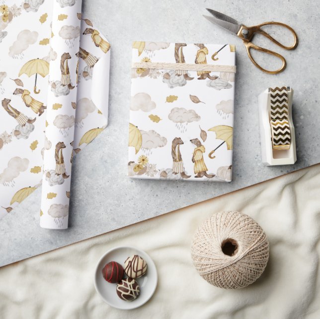 Adorable Weasel Dressed in Yellow, Yellow Umbrella Wrapping Paper (Crafts)