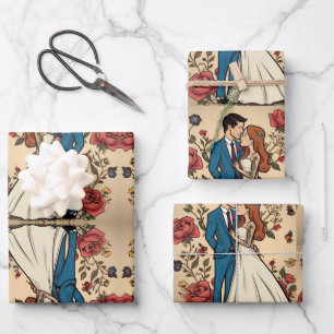 Adorable wedding couple in love wrapping paper sheet