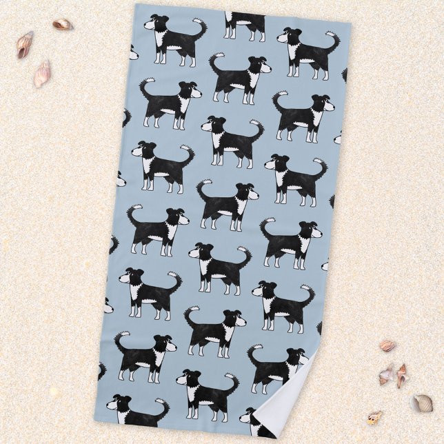 Adorable Welsh Border Collie Sheep Dog Pattern Beach Towel (Fun Welsh Border Collie dog cartoon sheepdog art beach towel)