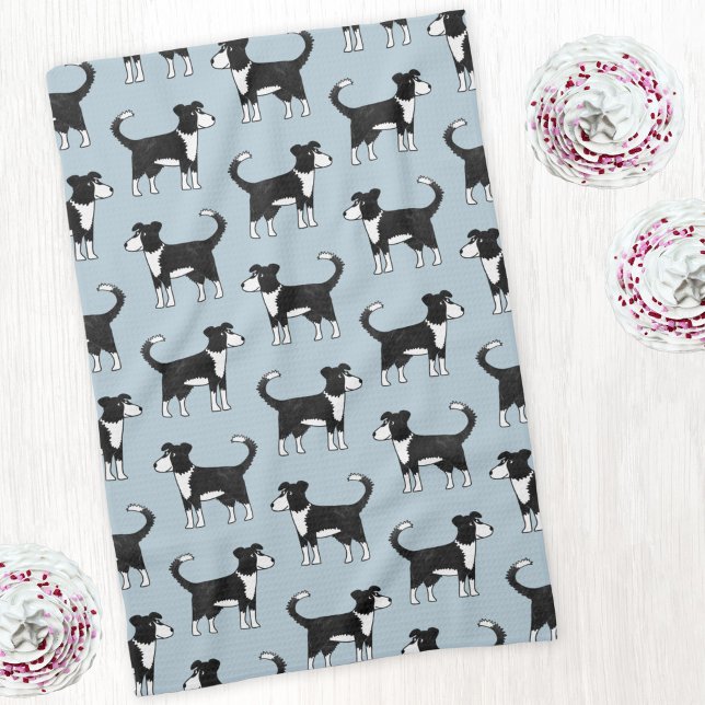 Adorable Welsh Border Collie Sheep Dog Pattern Tea Towel (Welsh Border Collie Sheepdog pattern art kitchen tea towel)