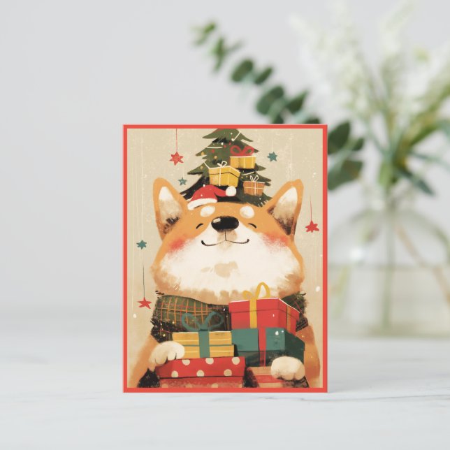 Adorable Welsh Corgi with Christmas Gifts Holiday Postcard (Standing Front)