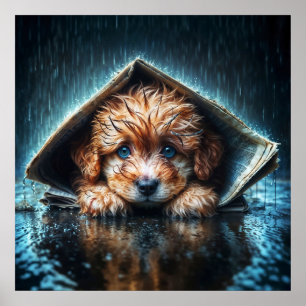 Adorable wet puppy under newspaper shelter poster