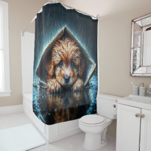 Adorable wet puppy under newspaper shelter shower curtain