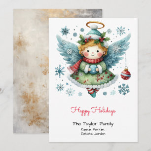 Adorable Whimsical Angel Illustration Red Happy Holiday Card
