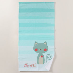 Adorable Whimsical Cartoon Cat   -Personalised Beach Towel