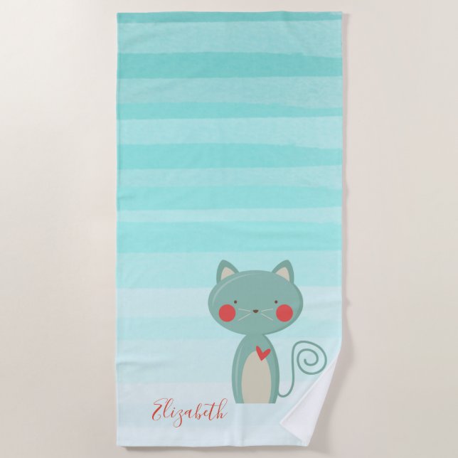 Adorable Whimsical Cartoon Cat   -Personalised Beach Towel (Front)