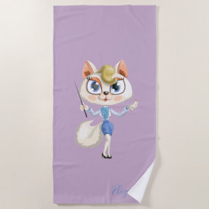 Adorable  Whimsical Cartoon Kitty -Personalised Beach Towel